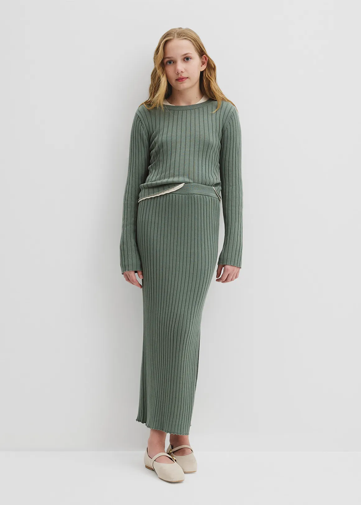 Teen Organically Grown Cotton Rib Knit Midi Skirt - MOSS