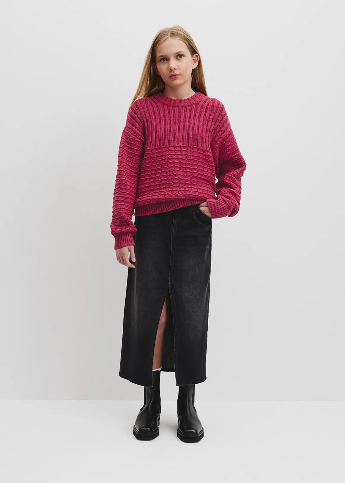 Teen Organically Grown Cotton Textured Crew Neck Knit - RUBY RED