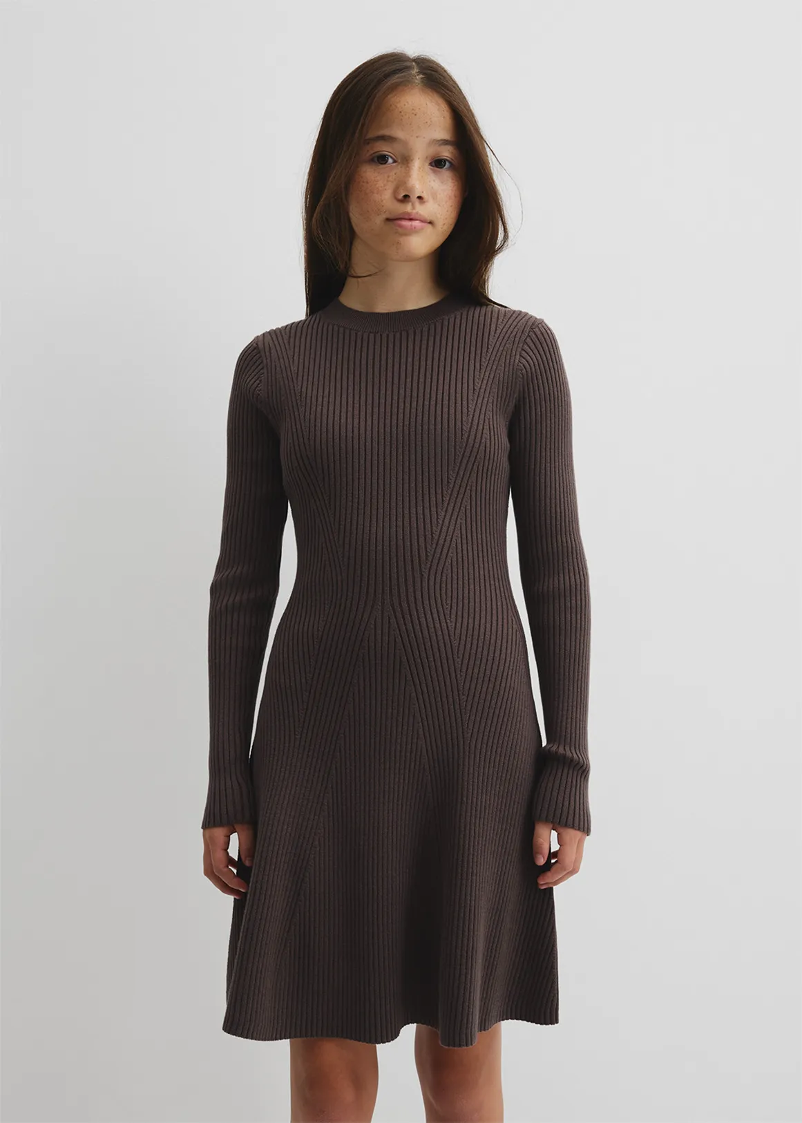 Teen Rib Long Sleeve Knit Dress - TRUFFLE