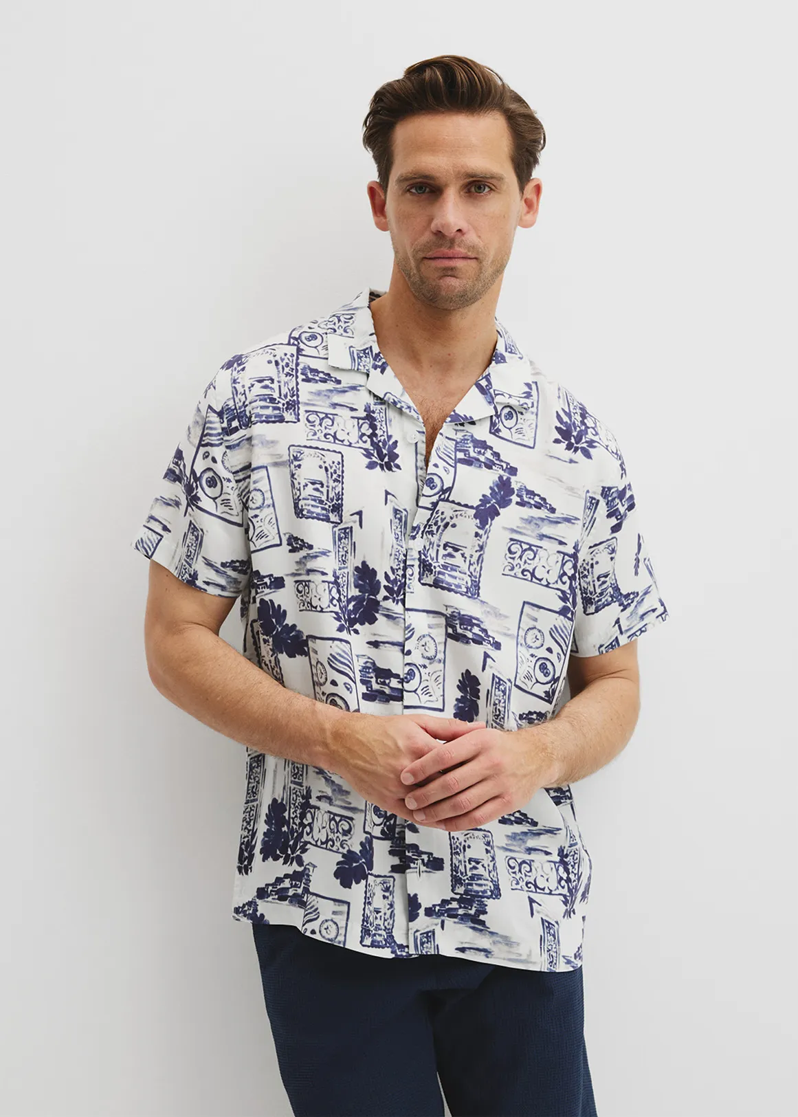 Tencel Mosaic Print Short Sleeve Shirt - WHITE
