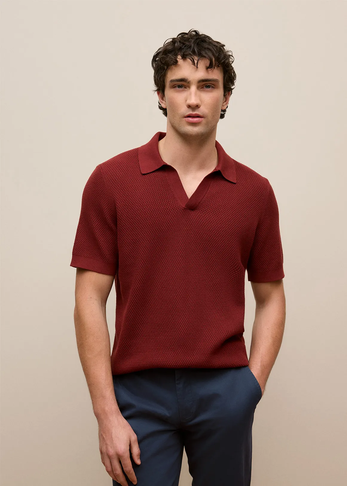 Texture Knit Short Sleeve Polo - AUBURN