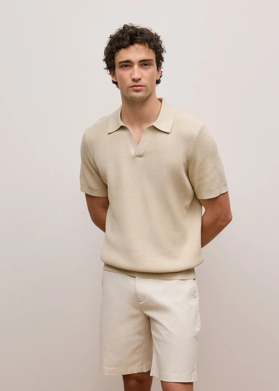 Texture Knit Short Sleeve Polo - STONE