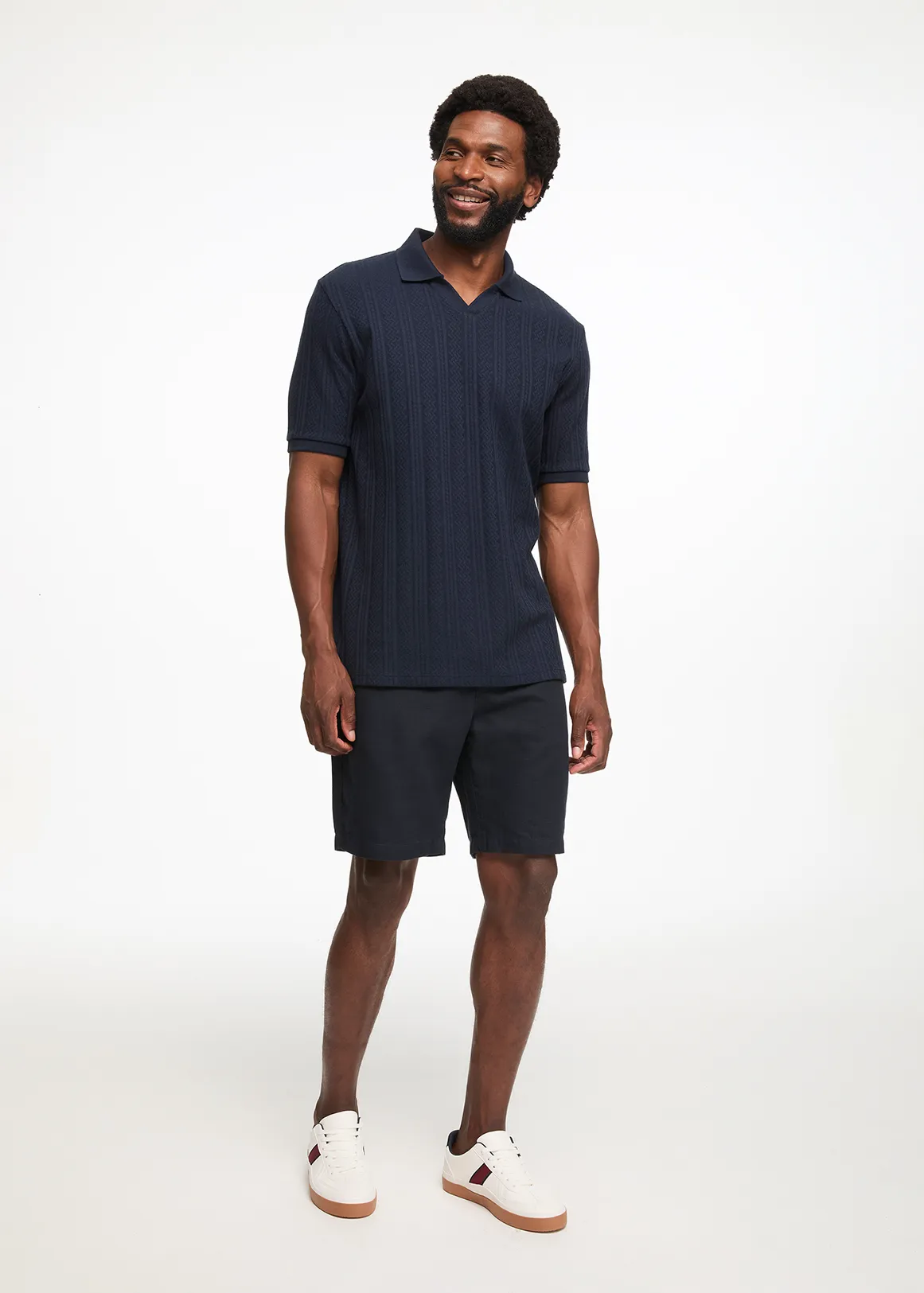 Textured Cotton Chino Shorts - NAVY
