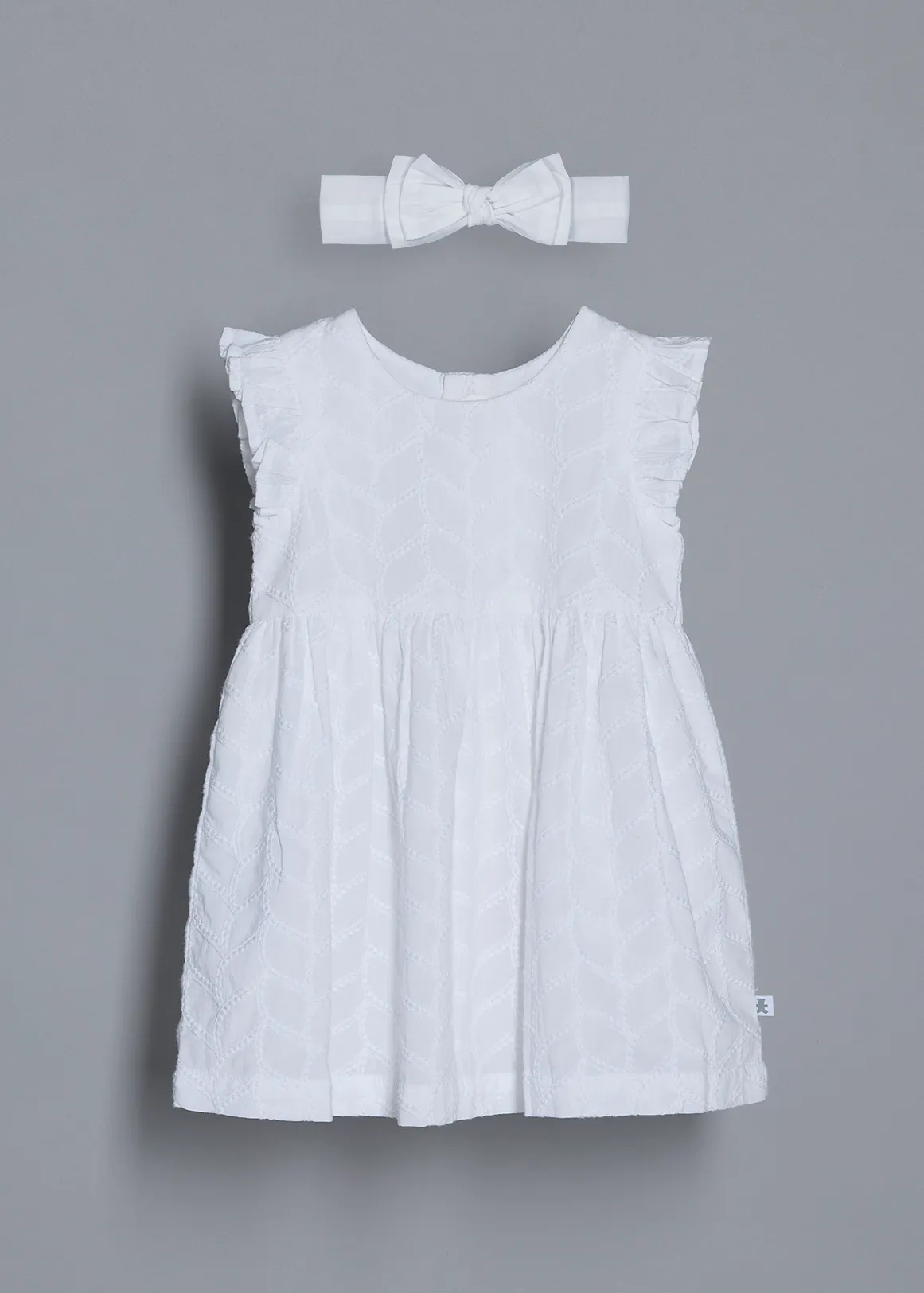 Textured Cotton Dress & Headband Set - WHITE