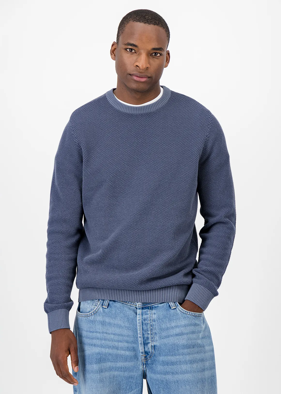 Textured Knit Cotton Jumper - BLUE
