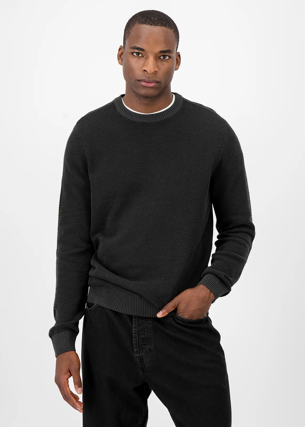 Textured Knit Cotton Jumper - CHARCOAL