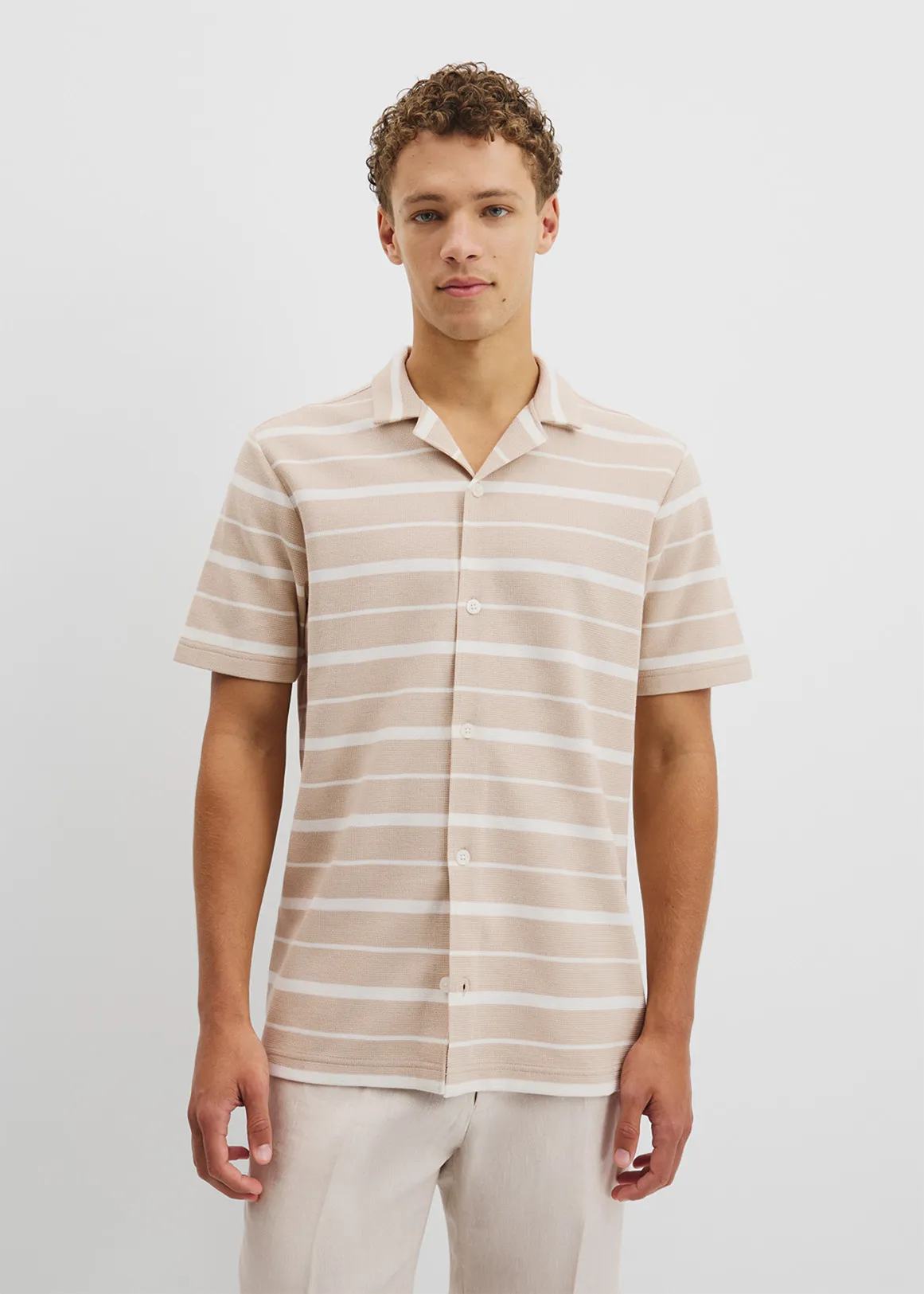 Textured Short Sleeve Cuban Stripe Shirt - SAND1