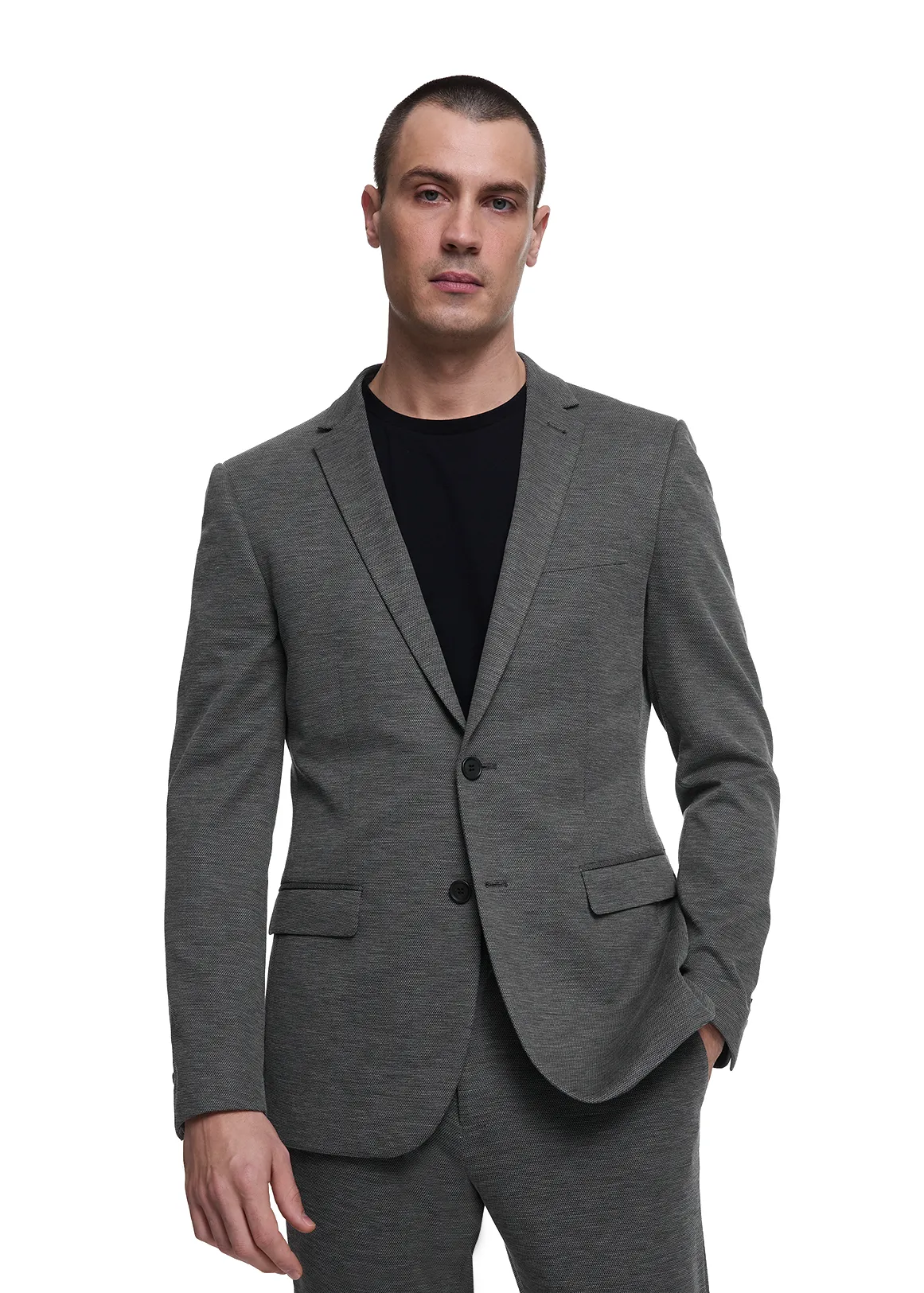 Textured Skinny Viscose Blend Knit Suit Jacket - GREY