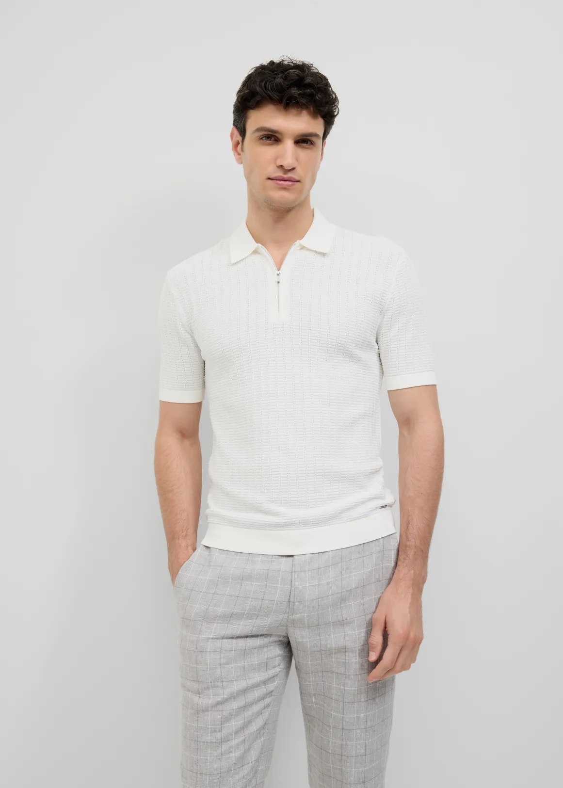Textured Zip-up Knit Polo - WHITE