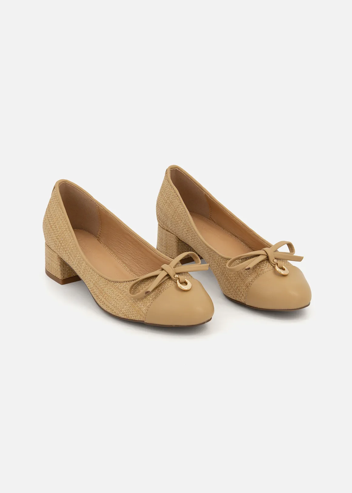 Toe Cap Block Heel Pumps - NATURAL