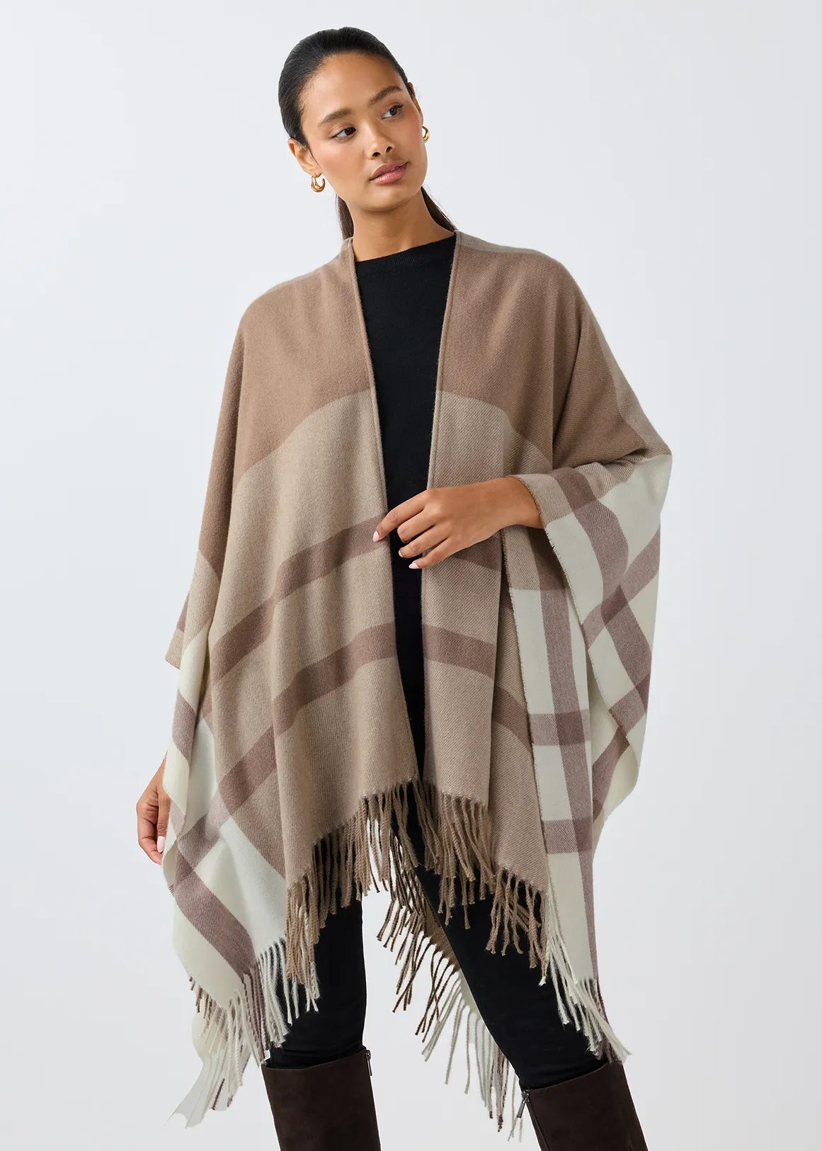 Tonal Check Fringed Wrap - X NATURAL