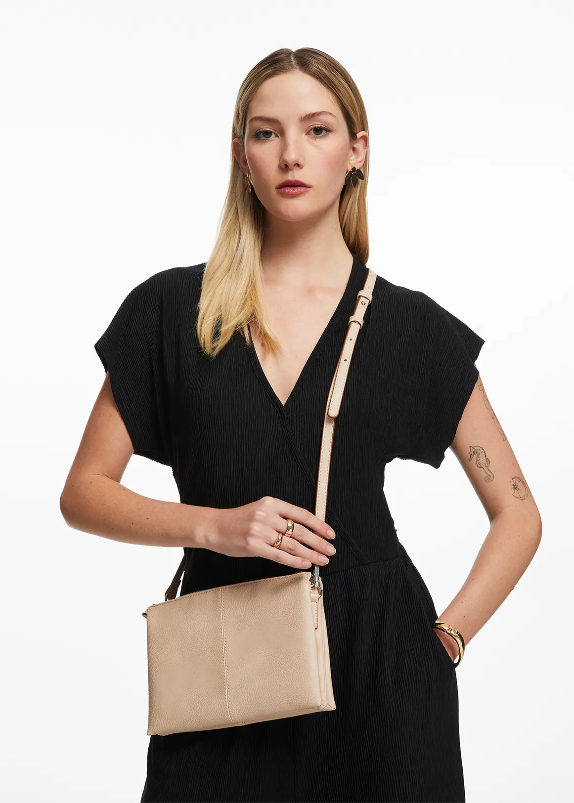 Triple Pocket Crossbody Bag - NATURAL