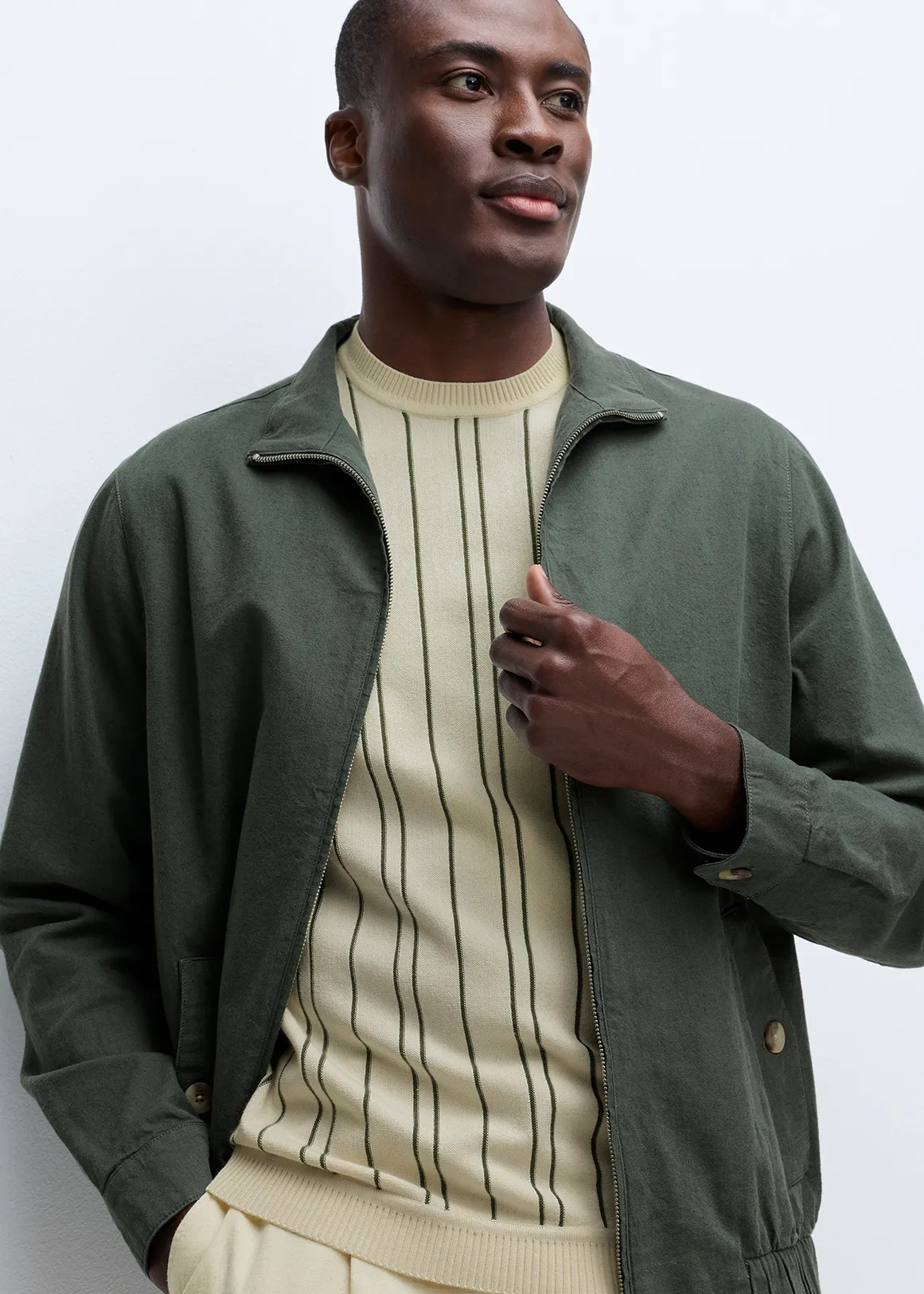 Unstructured Linen Blend Harrington Jacket - GREEN