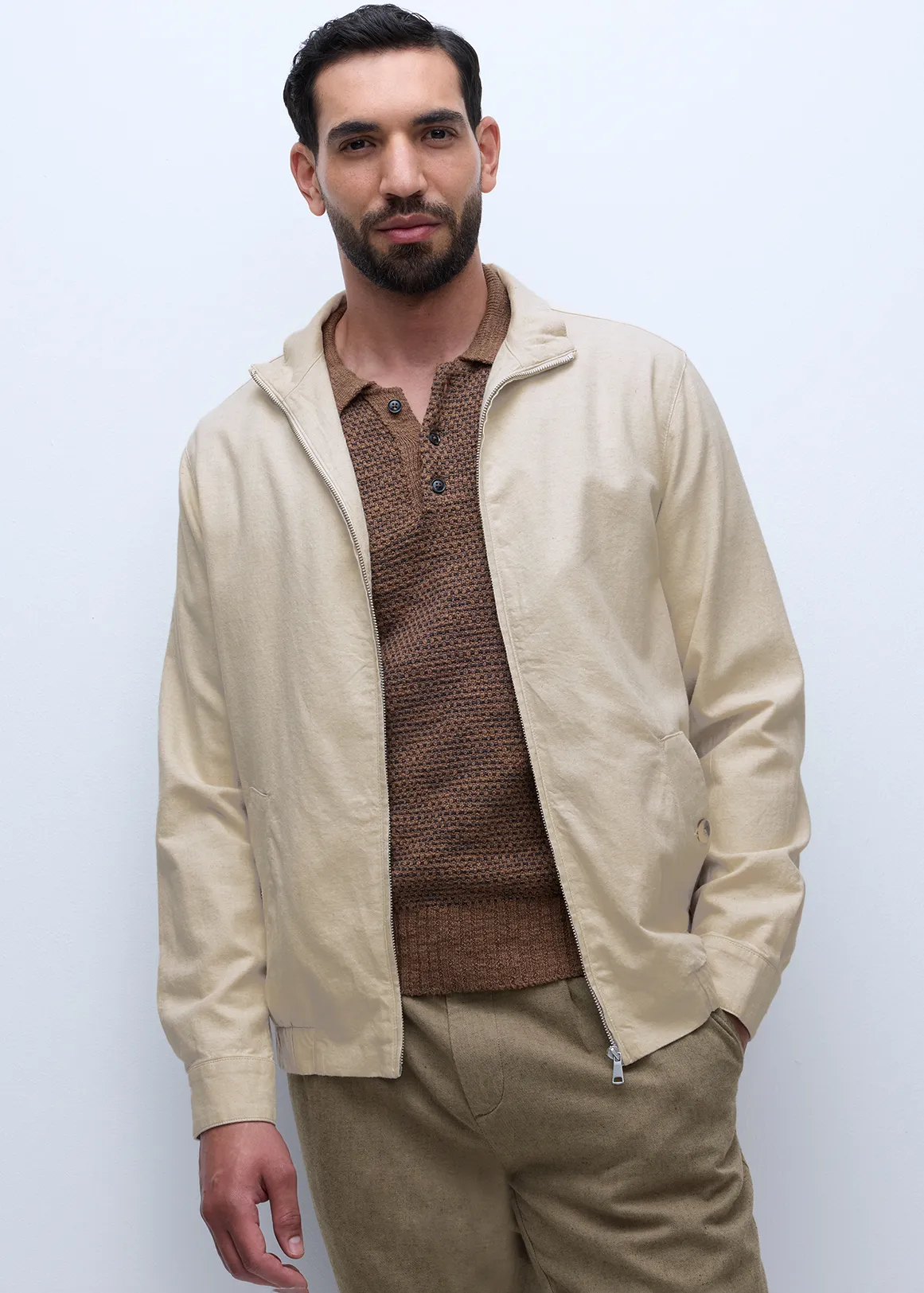 Unstructured Linen Blend Harrington Jacket - NATURAL