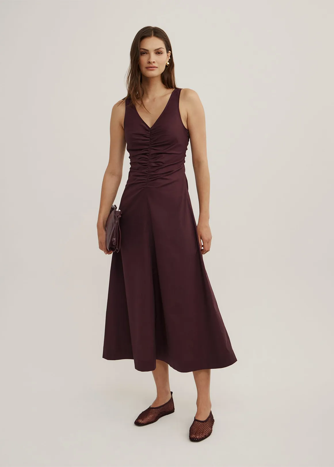 V Neck Gather Dress - PLUM