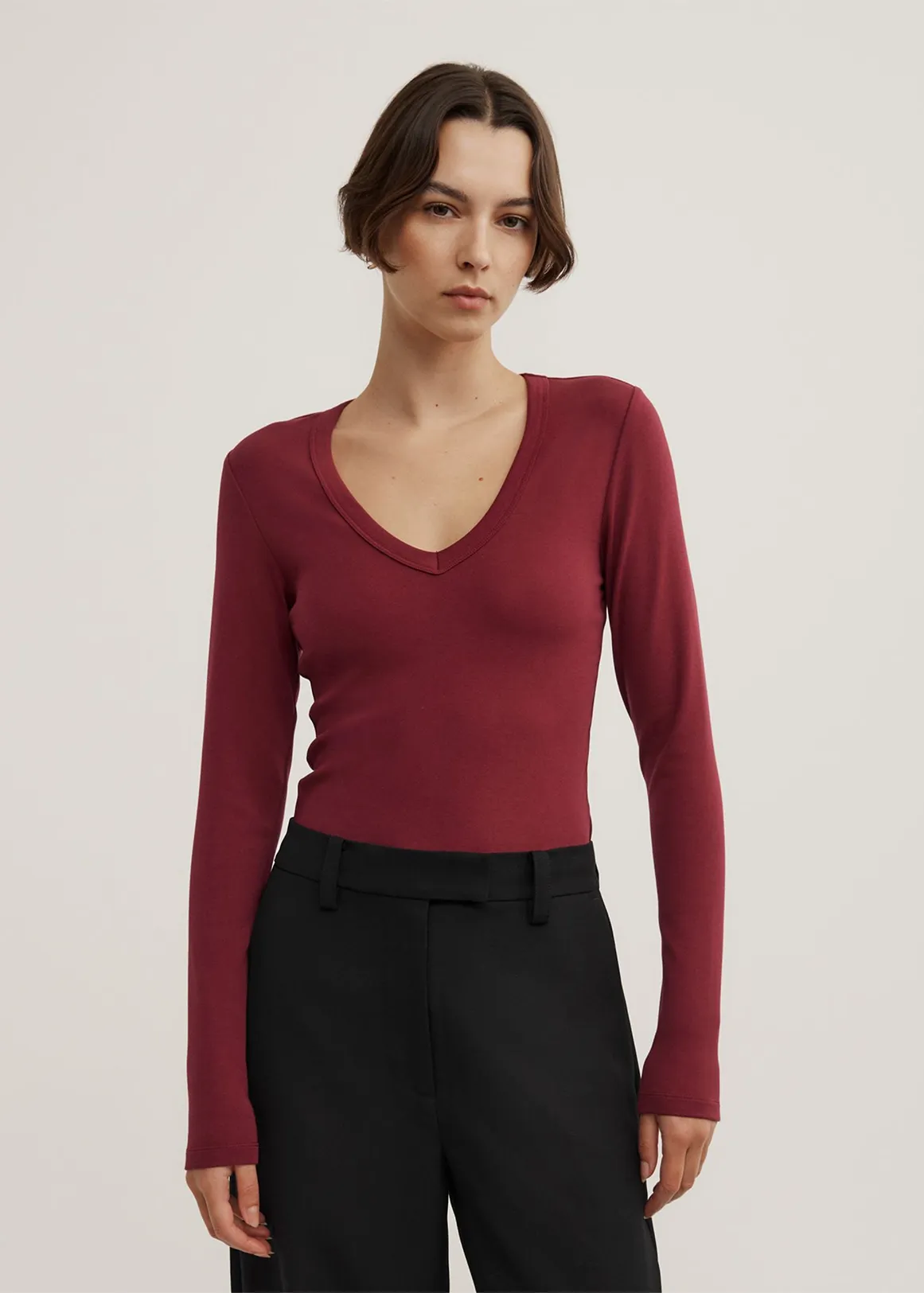 V-Neck Long Sleeve Top - RUBY1