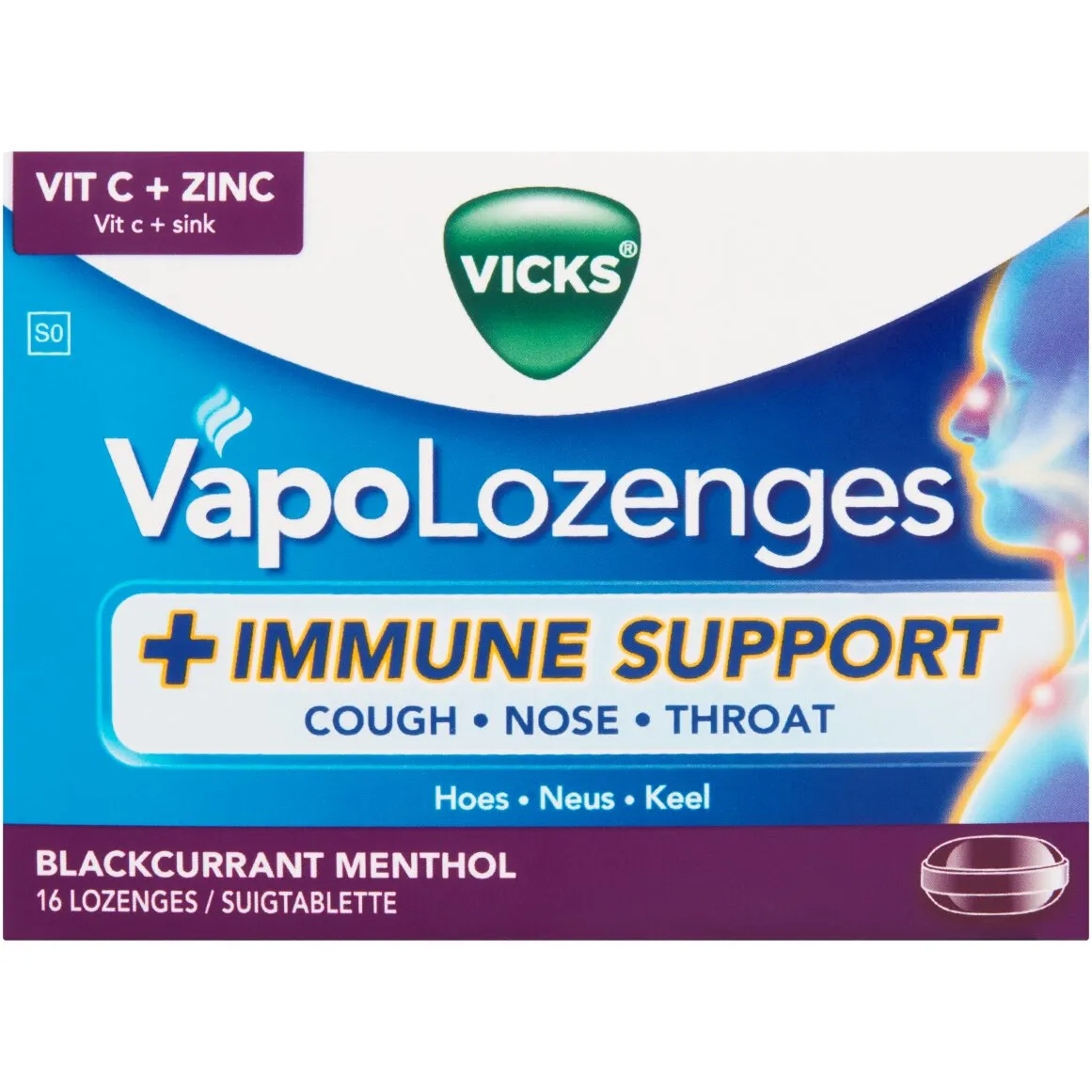 Vicks VapoLozenges + Immune Support Blackcurrant Menthol Flavoured Lozenges 16 pcs