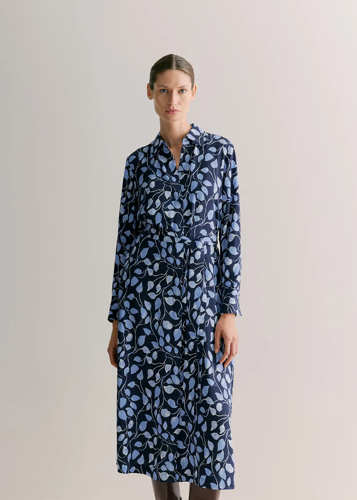 Vine Leaf Shirt Dress - NAVY