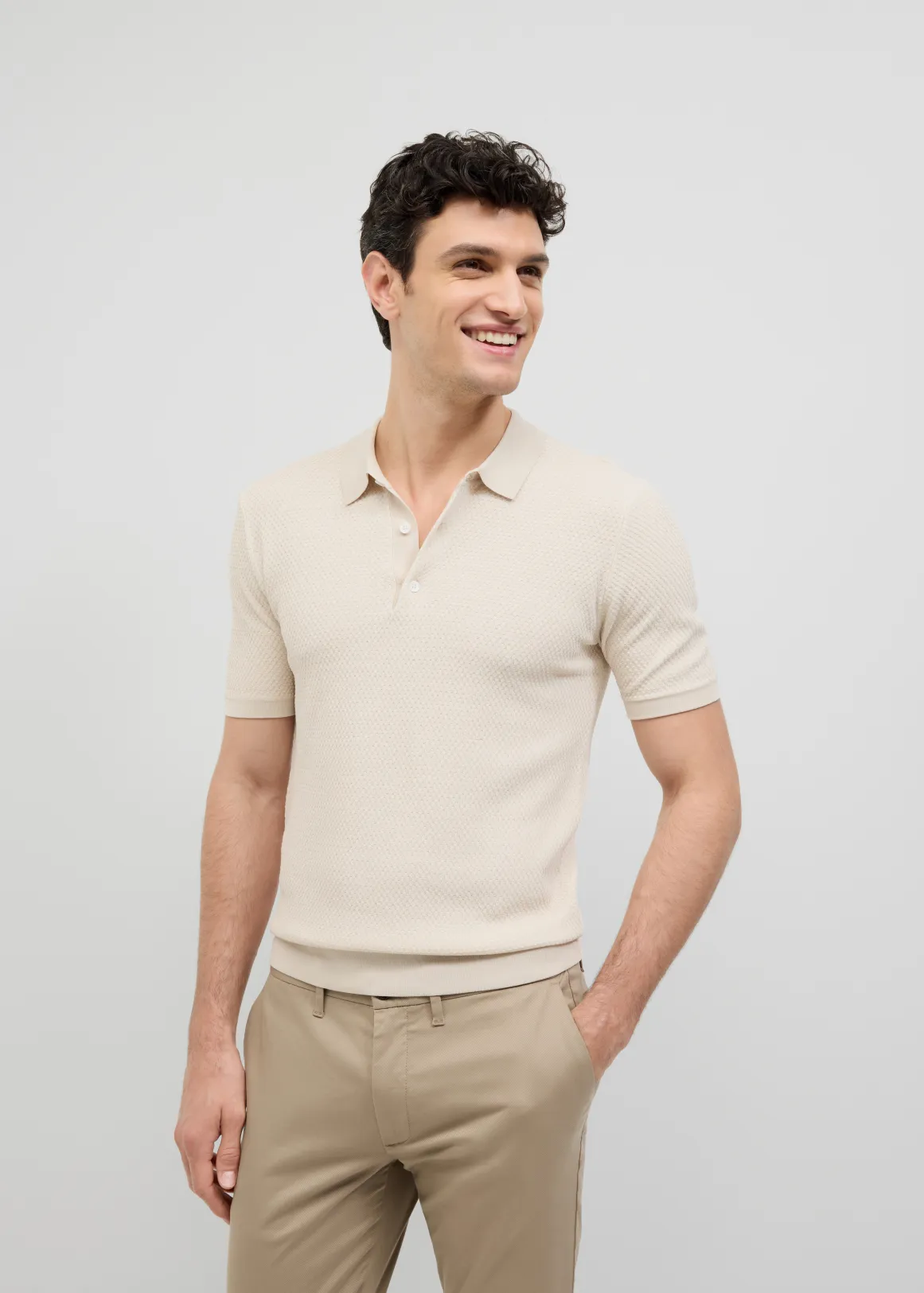 Waffle Lightweight Knit Polo - NATURAL