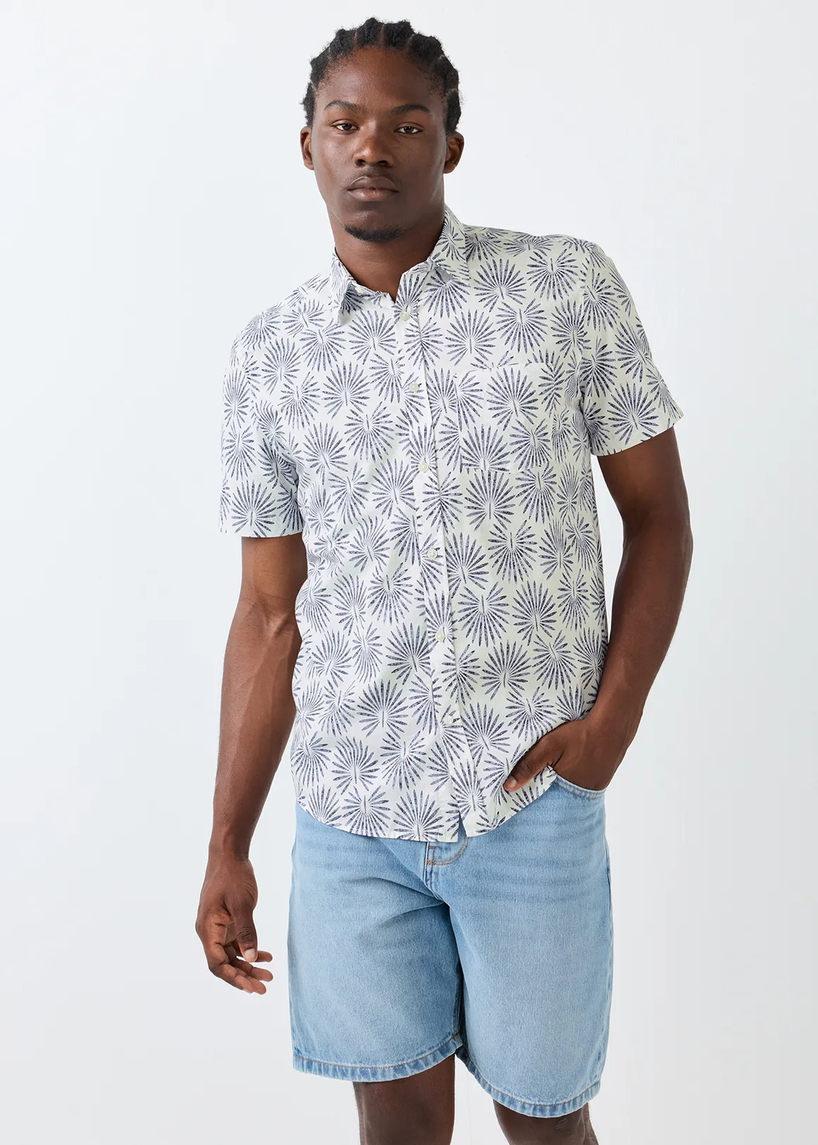 Watercolour Print Slub Cotton Shirt - LIGHT BLUE