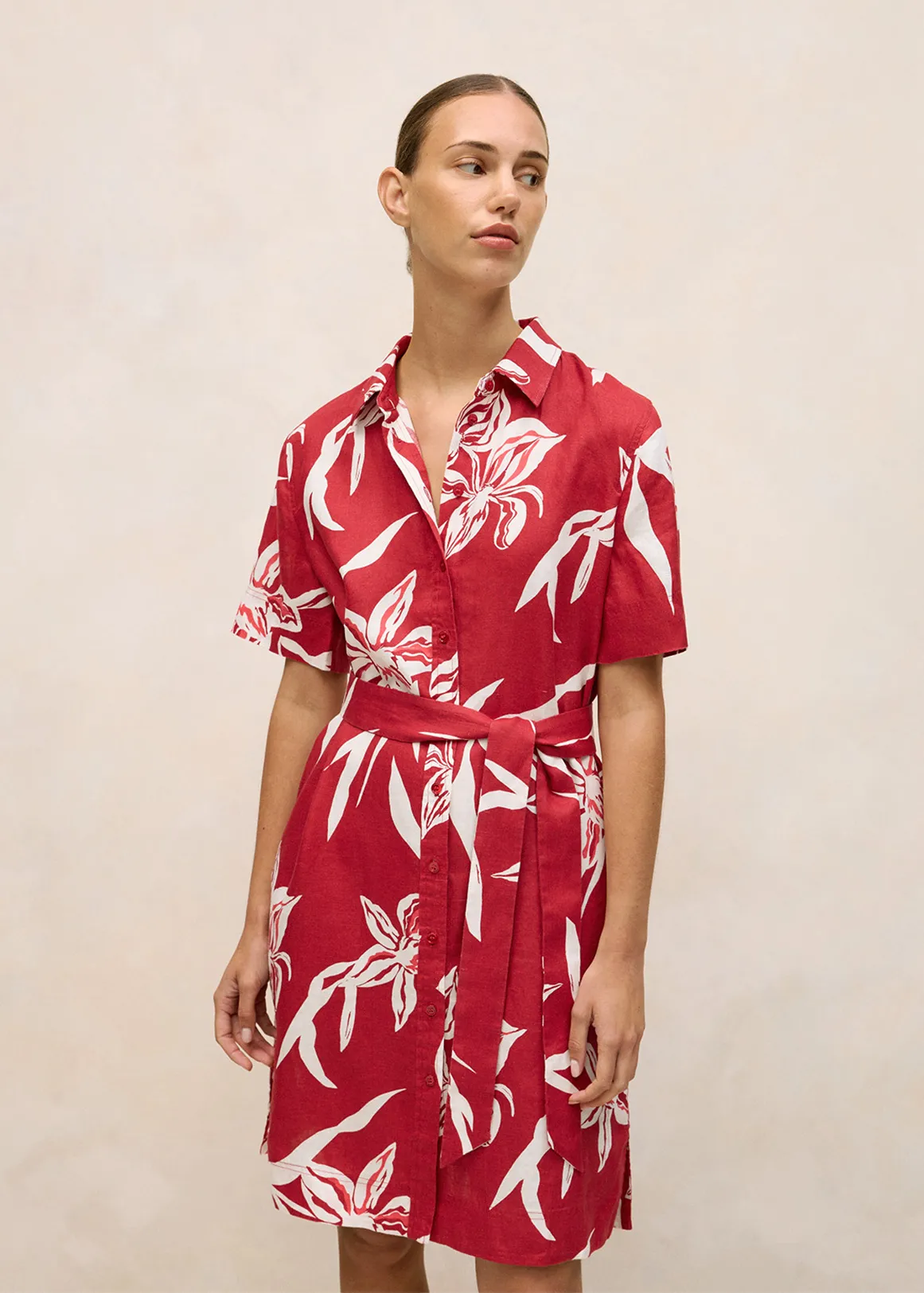 Wild Iris Linen Belted Shift Dress - CHERRY RED