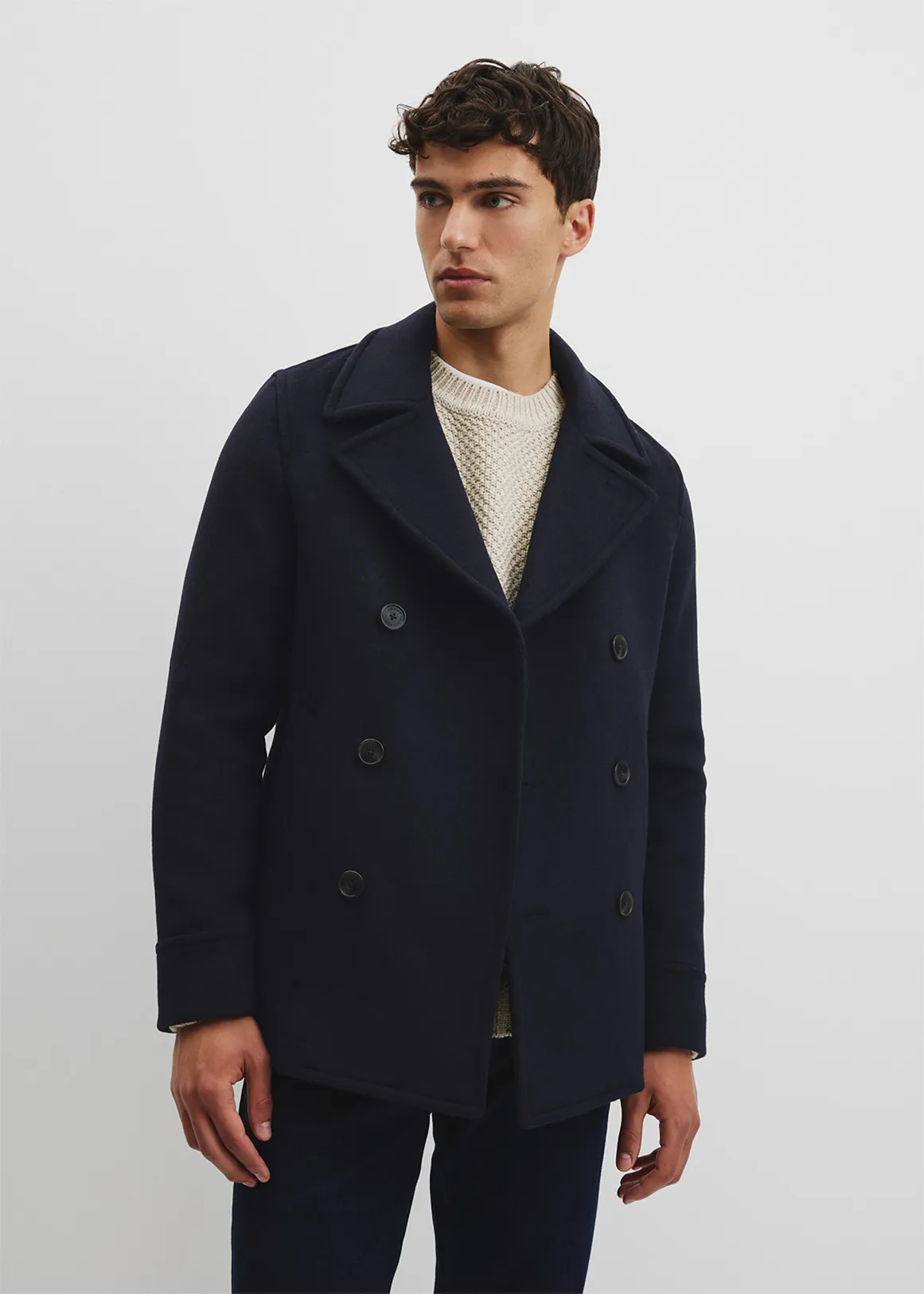 Wool Blend Pea Coat - NAVY