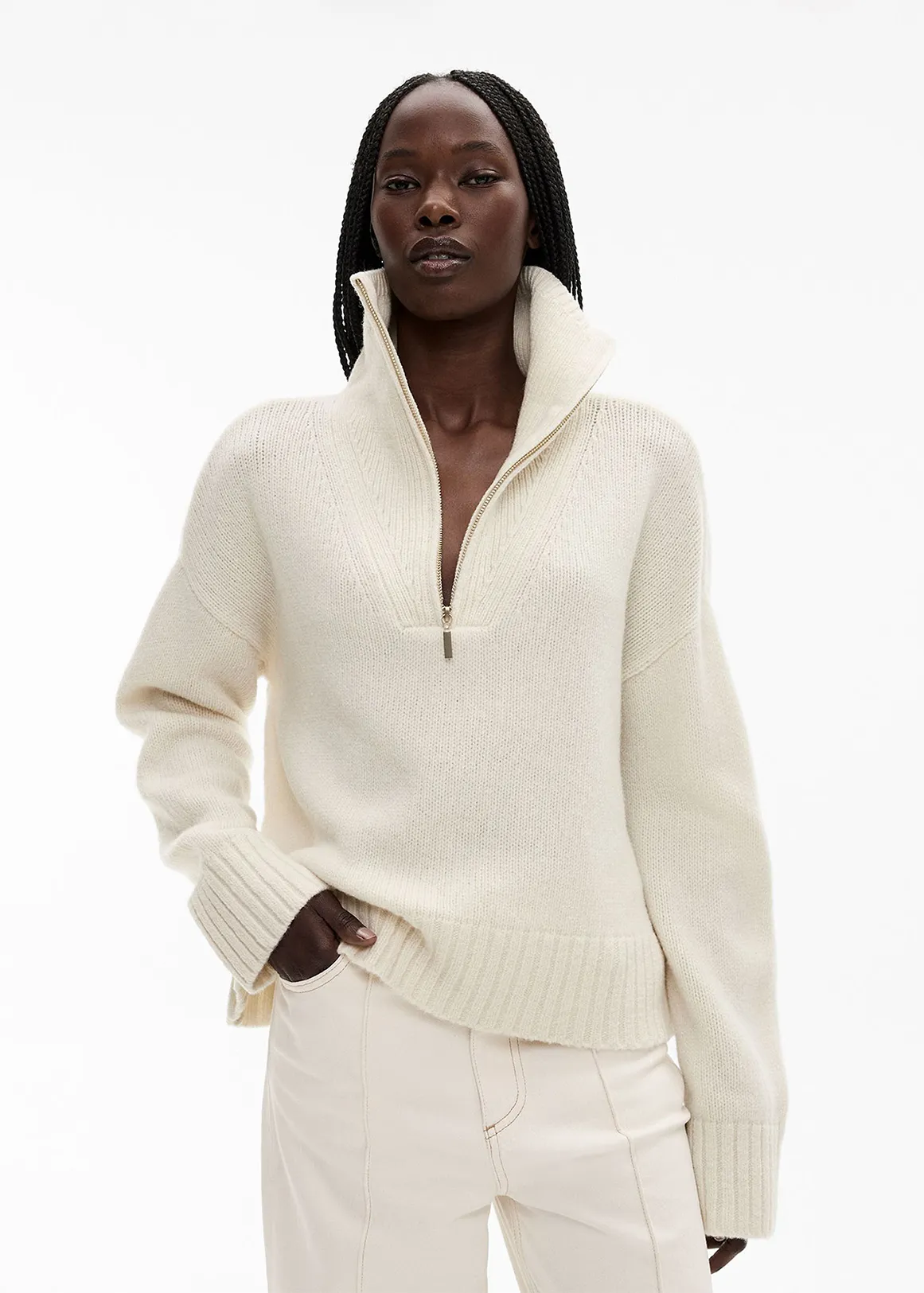 Wool Blend Zip Front Knit - CREAM
