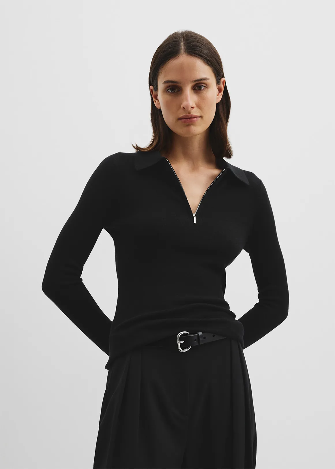 Wool Silk Collared Knit - BLACK