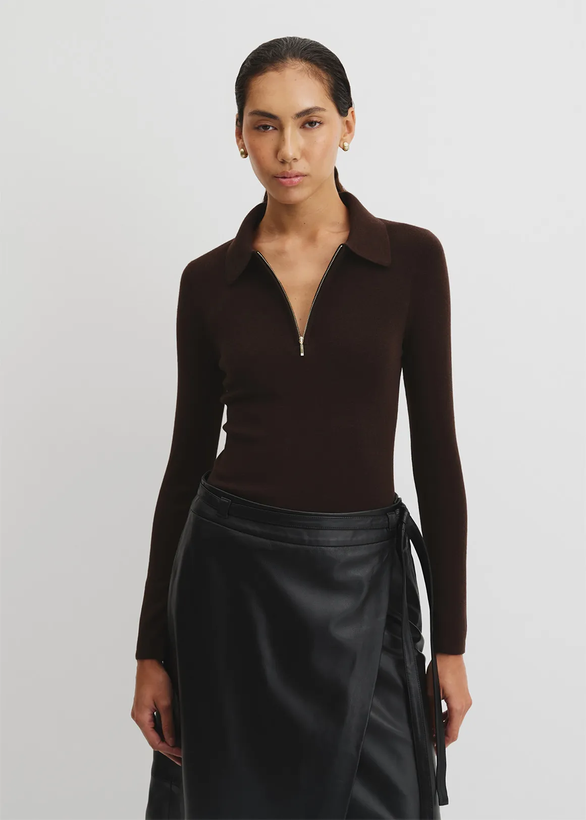 Wool Silk Collared Knit - COCOA BEAN