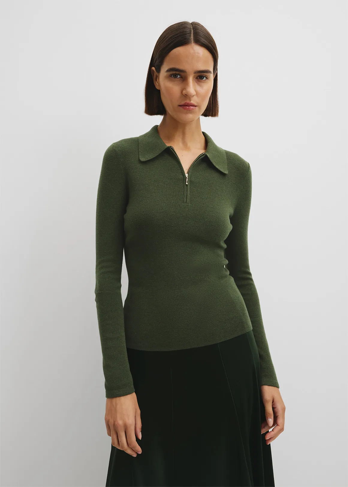 Wool Silk Collared Knit - MOSS GREEN