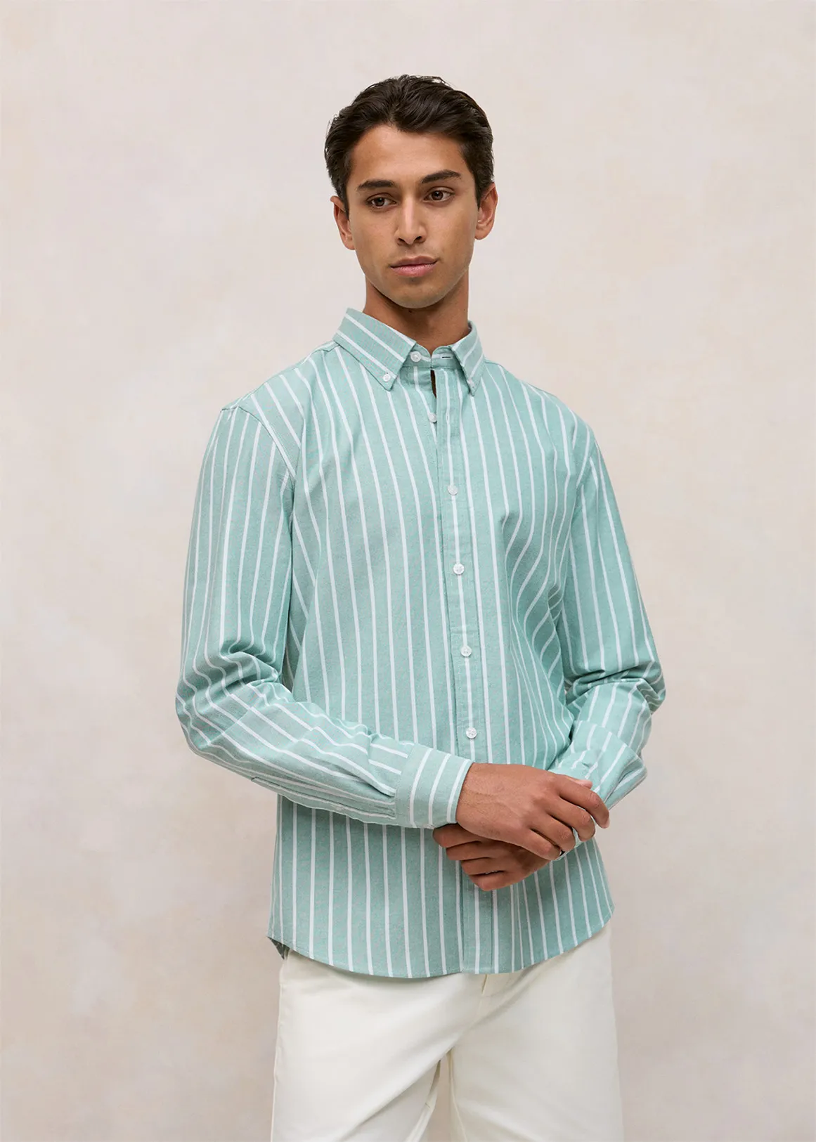 Yard Stripe Oxford Long Sleeve Shirt - DEEP GREEN