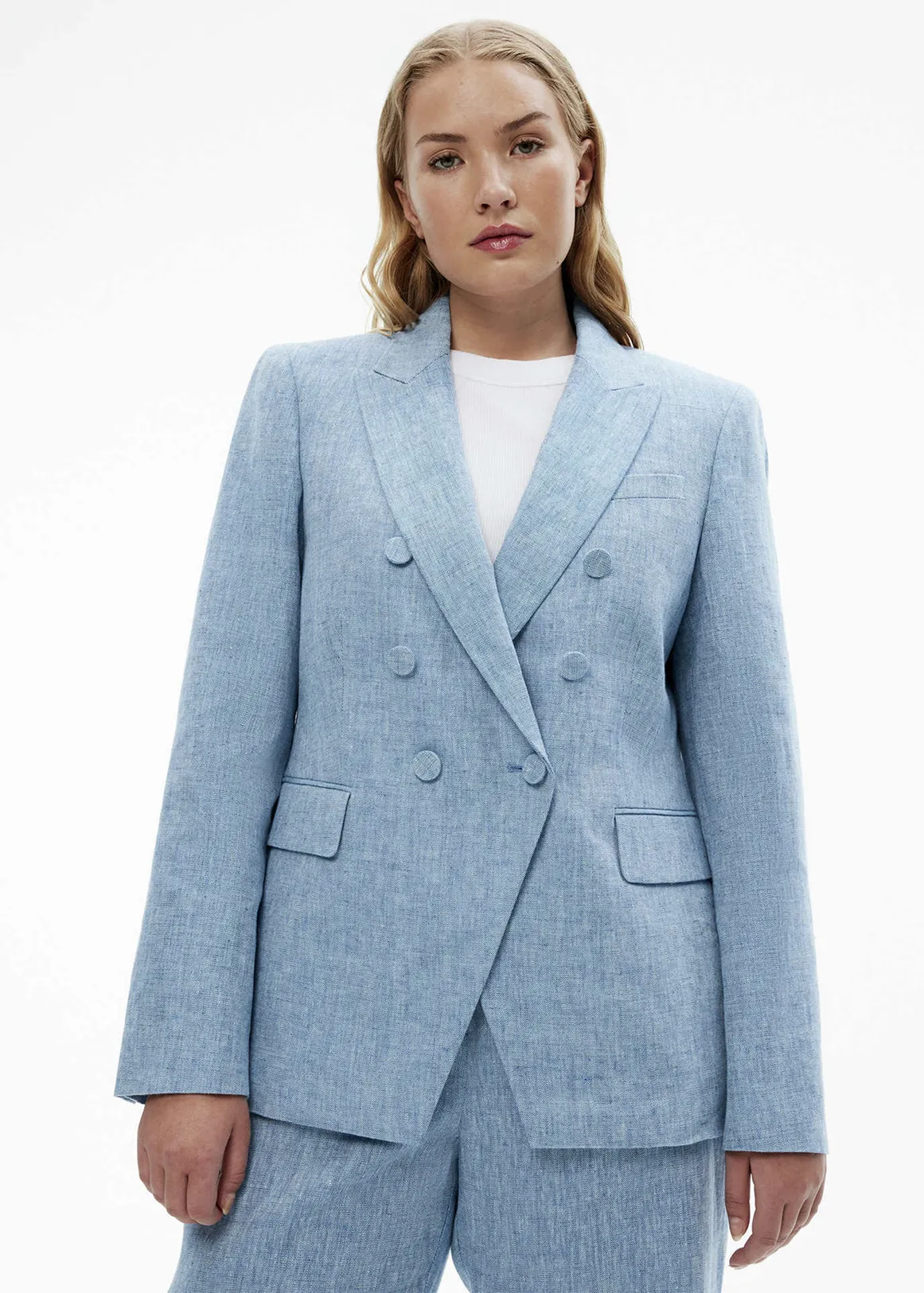Yarn Dye Linen-Double Breasted Blazer - CHAMBRAY BLUE