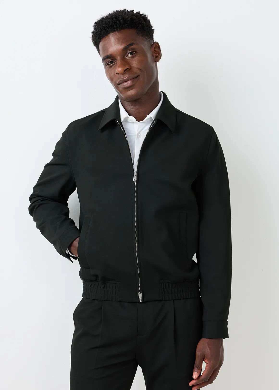 Zip-up Flex Comfort Stretch Harrington Jacket - BLACK