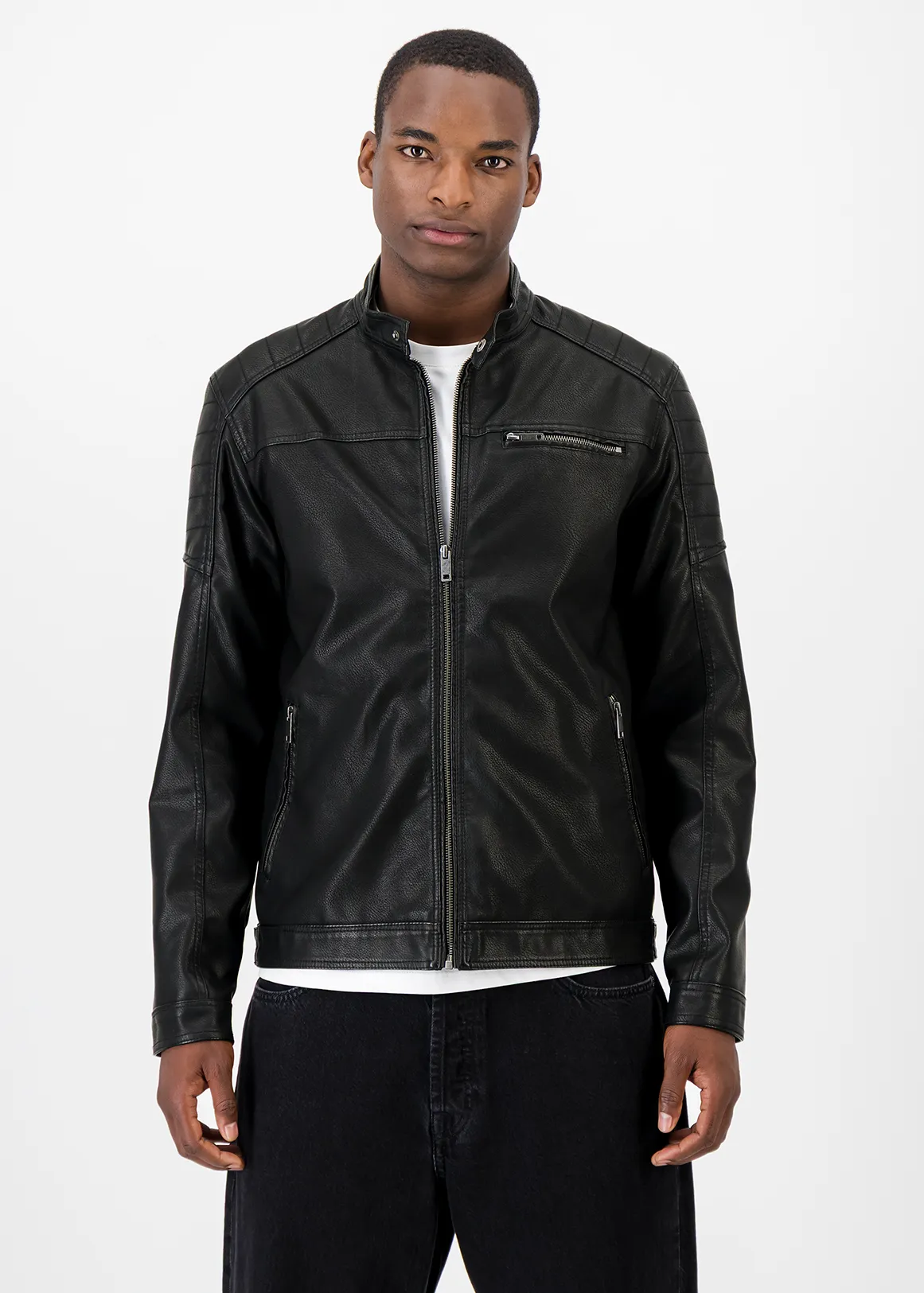 Zip-up Slim Fit Faux Leather Biker Jacket - BLACK