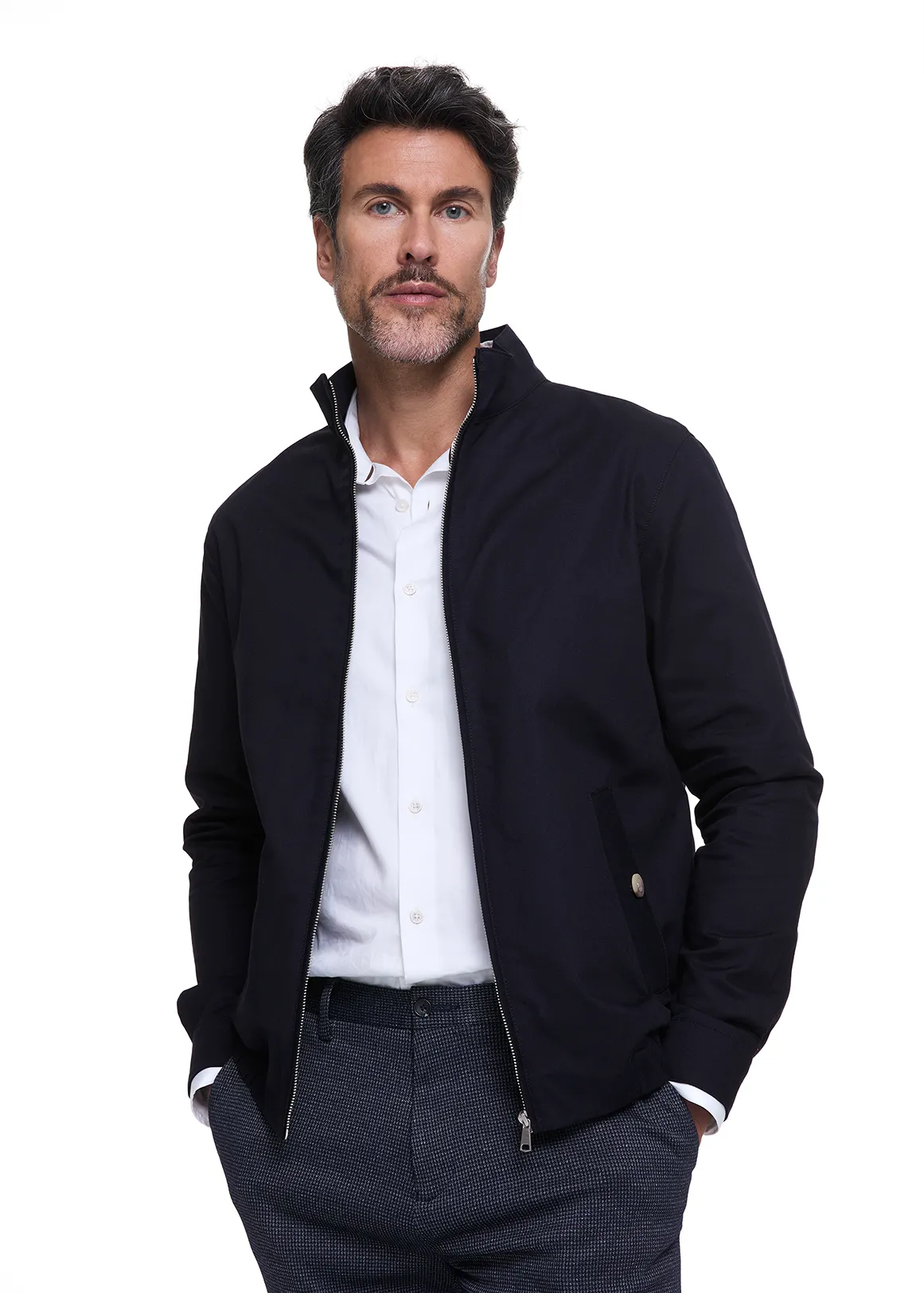 Zip-up Stretch Cotton Bomber Jacket - NAVY