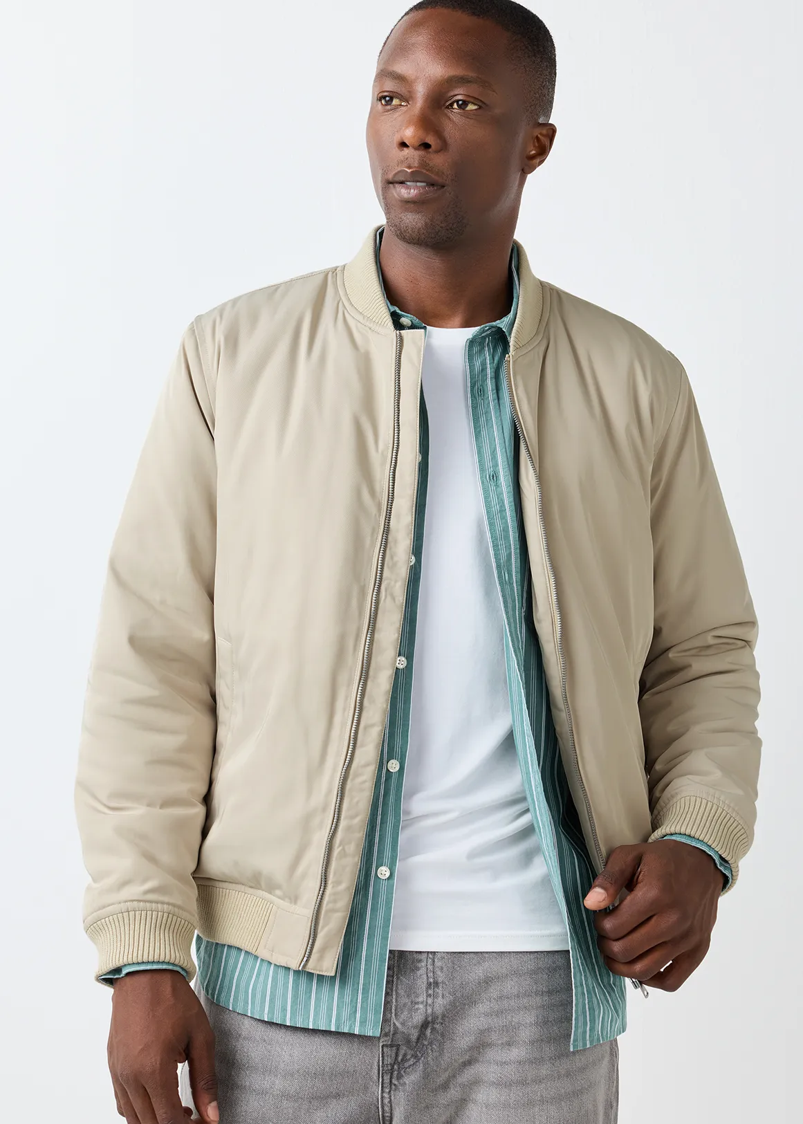 Zip-up Twill Bomber Jacket - STONE
