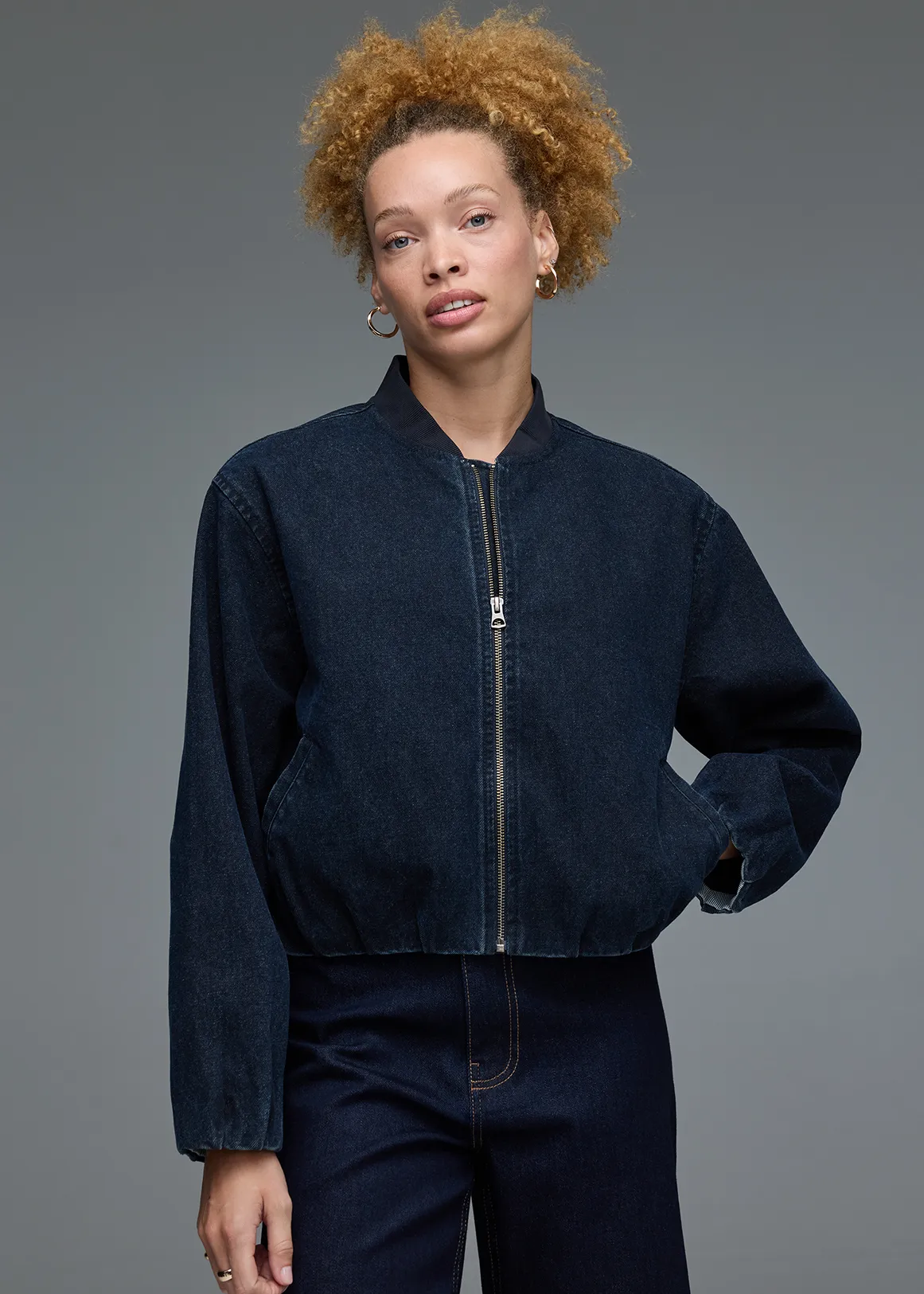 Zipped Denim Bomber Jacket - INDIGO