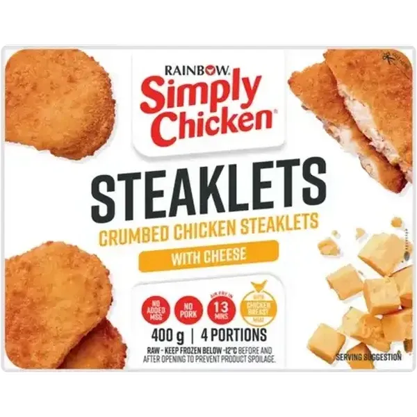 RAINBOW Simply Chicken Frozen Crumbed Chicken Steaklets with Cheese 400g