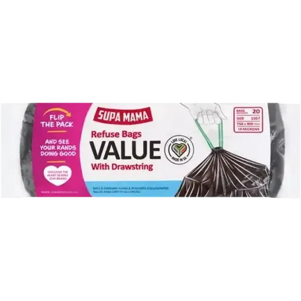 Supa Mama Value Refuse Bags with Drawstring 20 x 110L