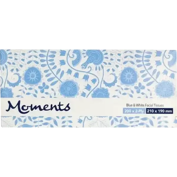 Moments 2 Ply Blue & White Facial Tissues 200 Pack
