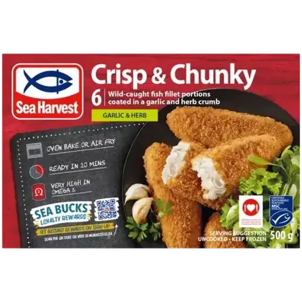 Sea Harvest Crisp & Chunky Garlic & Herb Frozen Crumbed Fish Fillet Portions 500g
