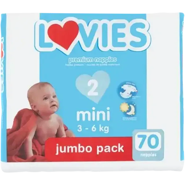 Lovies Mini Size 2 3-6kg Premium Nappies Jumbo 70 Pack