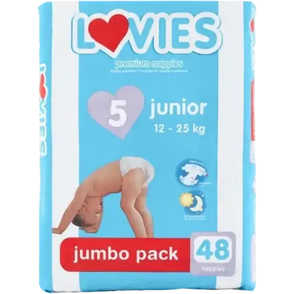 Lovies Junior Size 5 12-25kg Premium Nappies Jumbo 48 Pack