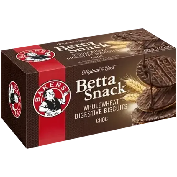 Bakers Betta Snack Milk Chocolate Flavoured Wholewheat Digestive Biscuits 200g