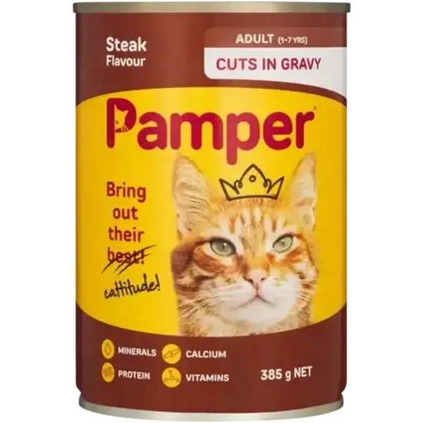 Pamper Steak Flavoured Cuts In Gravy Cat Food Can 385g