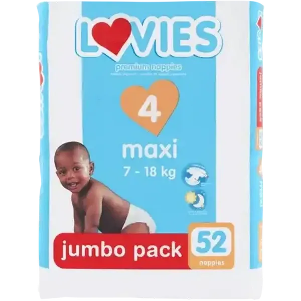 Lovies Maxi Size 4 7-18kg Premium Nappies Jumbo Pack 52 Pack