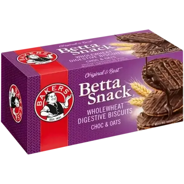 Bakers Betta Snack Chocolate & Oats Flavoured Wholewheat Digestive Biscuits 200g