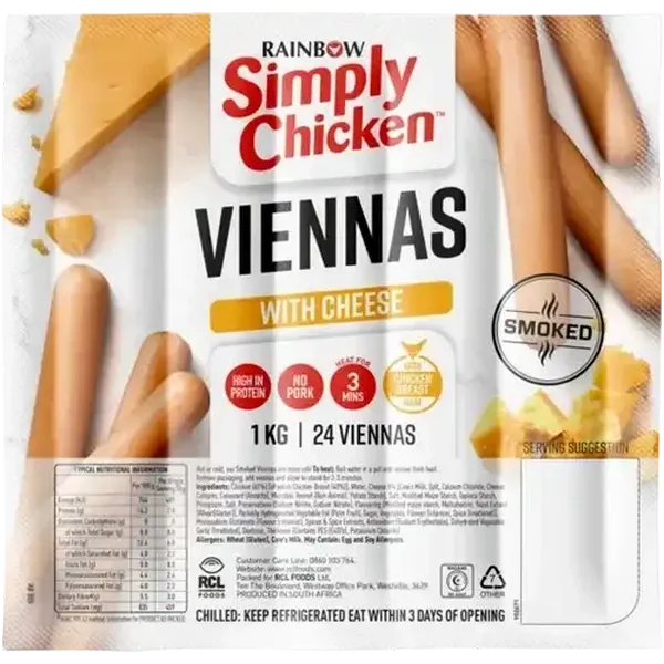 RAINBOW Simply Chicken Cheese Smoked Viennas With Chicken Breast Meat 1kg
