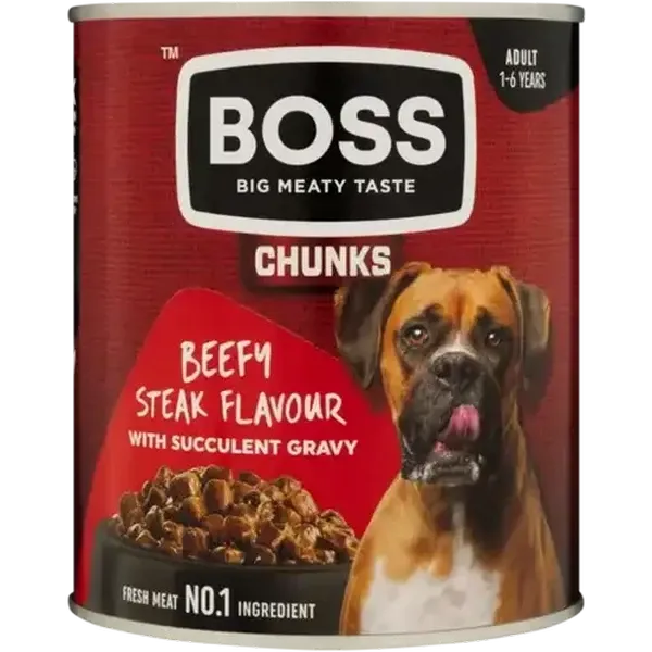 Boss Beefy Steak Flavour All Adult Wet Dog Food Chunks with Succulent Gravy 775g