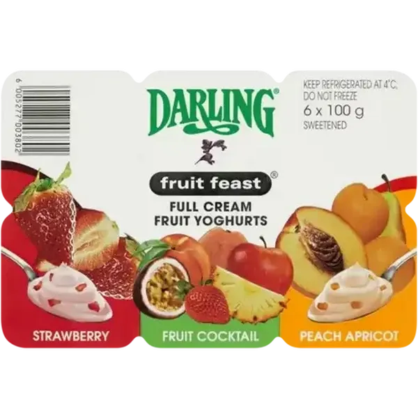 Darling Fruit Feast Strawberry/Mixed Fruit/Peach & Apricot Full Cream Fruit Yoghurt Multipack 6 x 1…